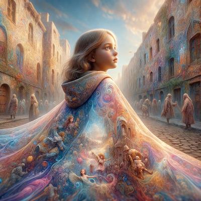 The primary subject of the image is a young girl wearing a colorful dress, standing in a street surrounded by a crowd of people. The setting is a city street with buildings in the background. The visual style is a combination of digital art and illustration, creating a vibrant and lively atmosphere. The colors and mood are predominantly bright and cheerful, with the girl's dress being the focal point of the scene.
